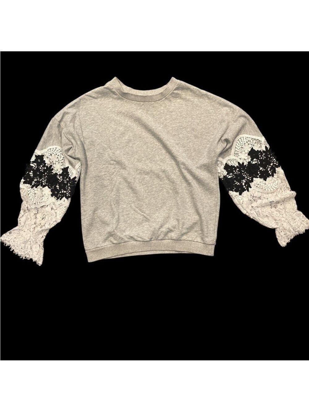 Avantlook L gray sweatshirt drop shoulder lace embellished arms cuff ruffles